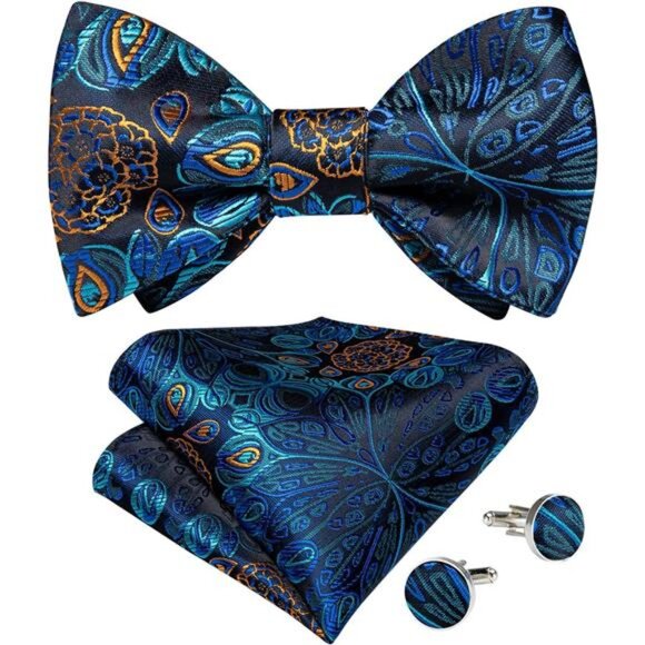 Men Bow Tie Paisley Striped 23 Teal - Picture 1 of 6